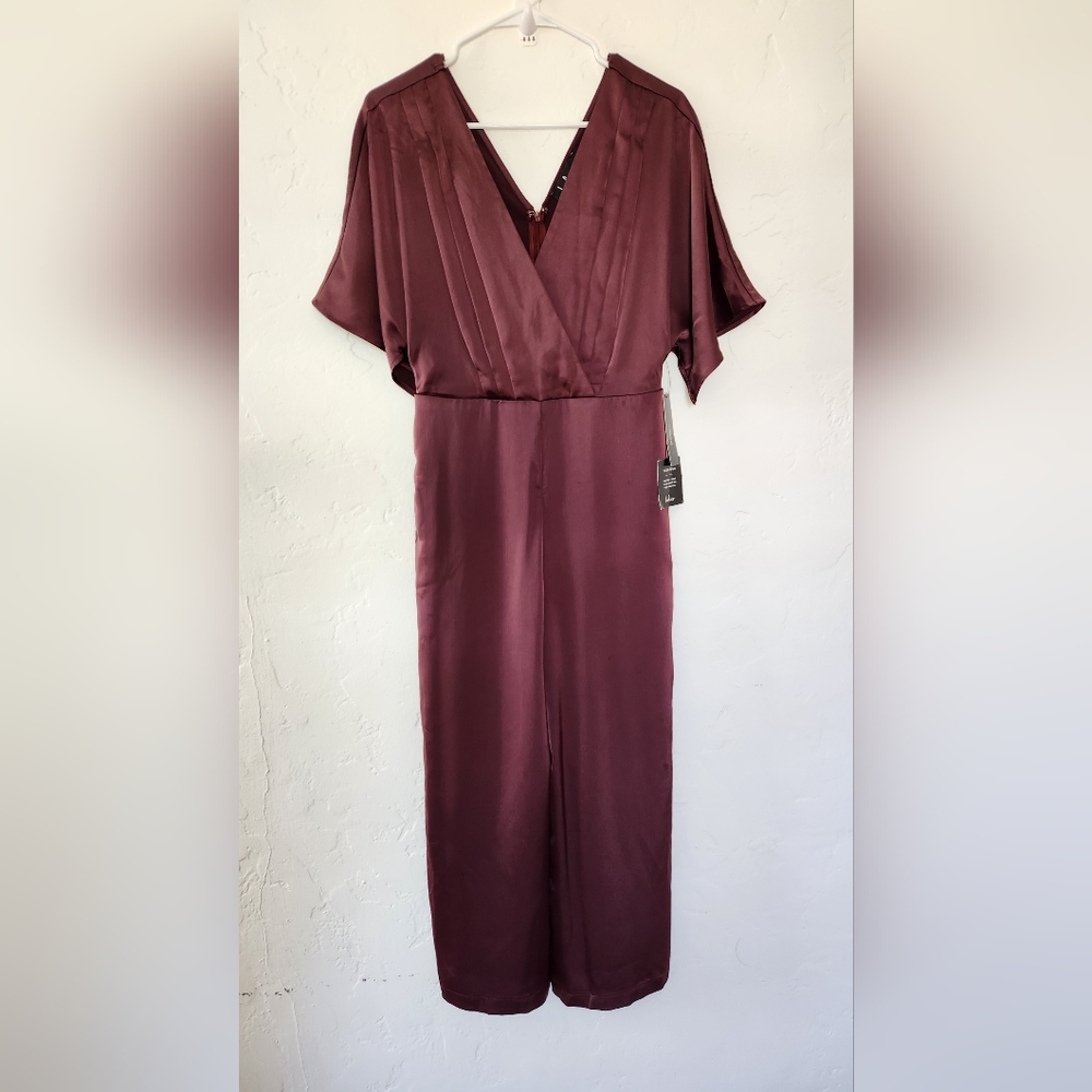 Lulus Kiss Me Now Plum Purple Satin Short Sleeve Wide-Leg Jumpsuit Small New - Picture 3 of 11